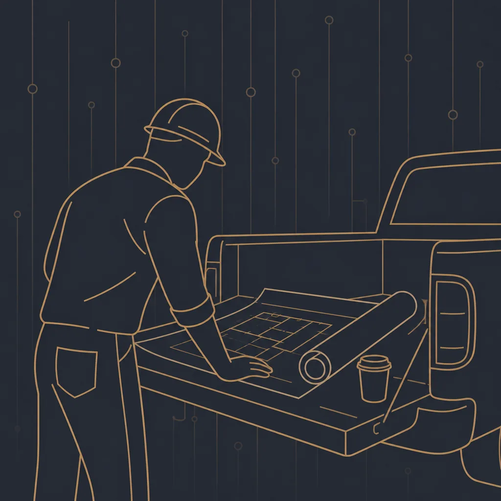 Illustration of a contractor reviewing plans on a truck tailgate