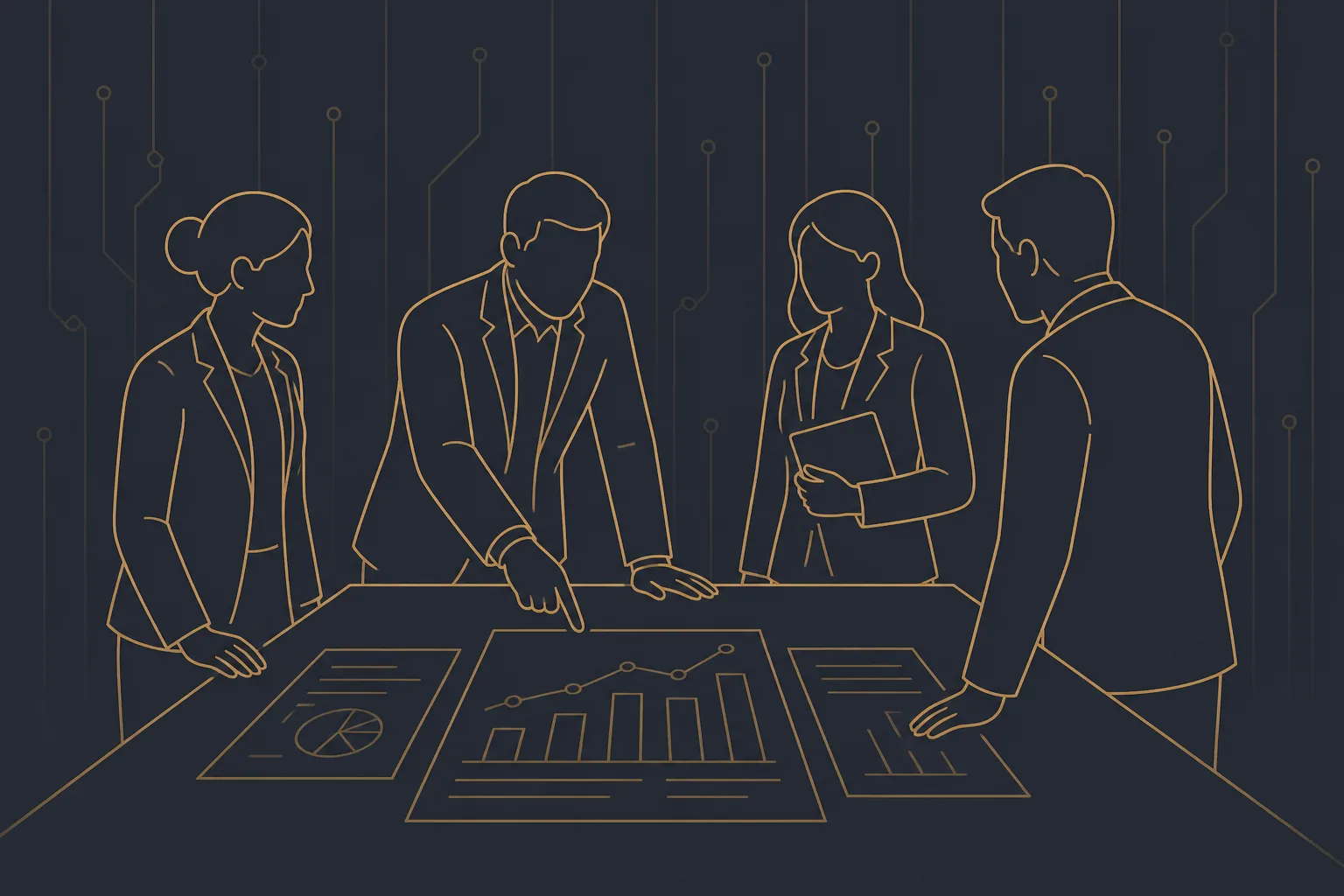 Illustration of a team of managers reviewing charts and reports around a table