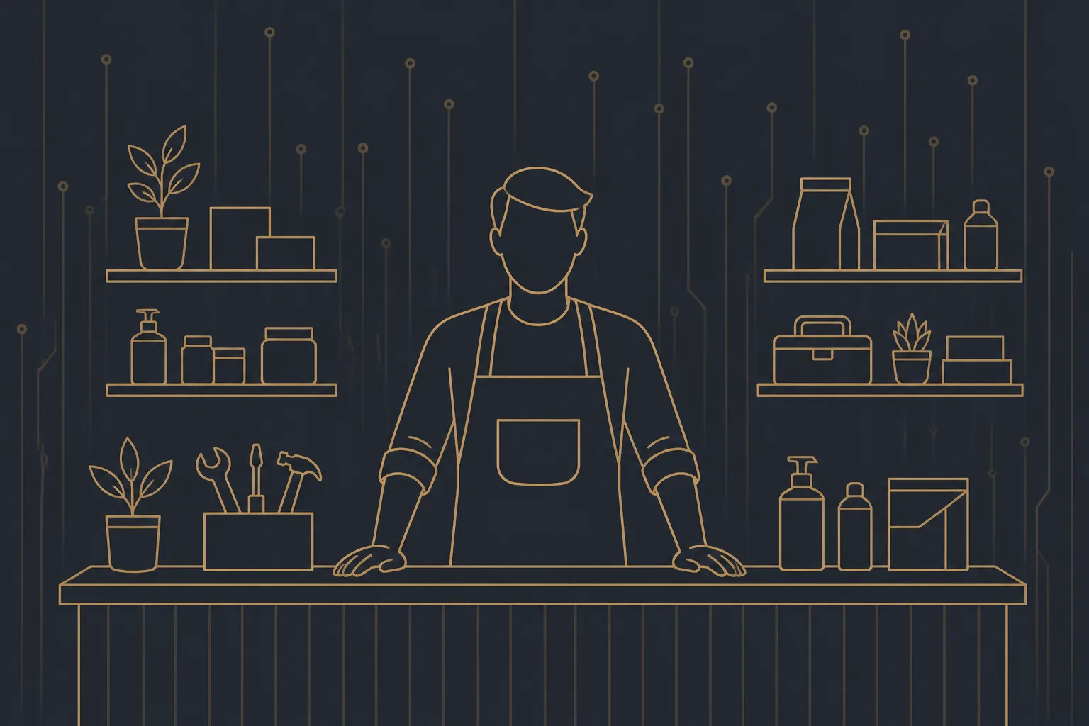 Illustration of a small-business owner behind the counter of their shop